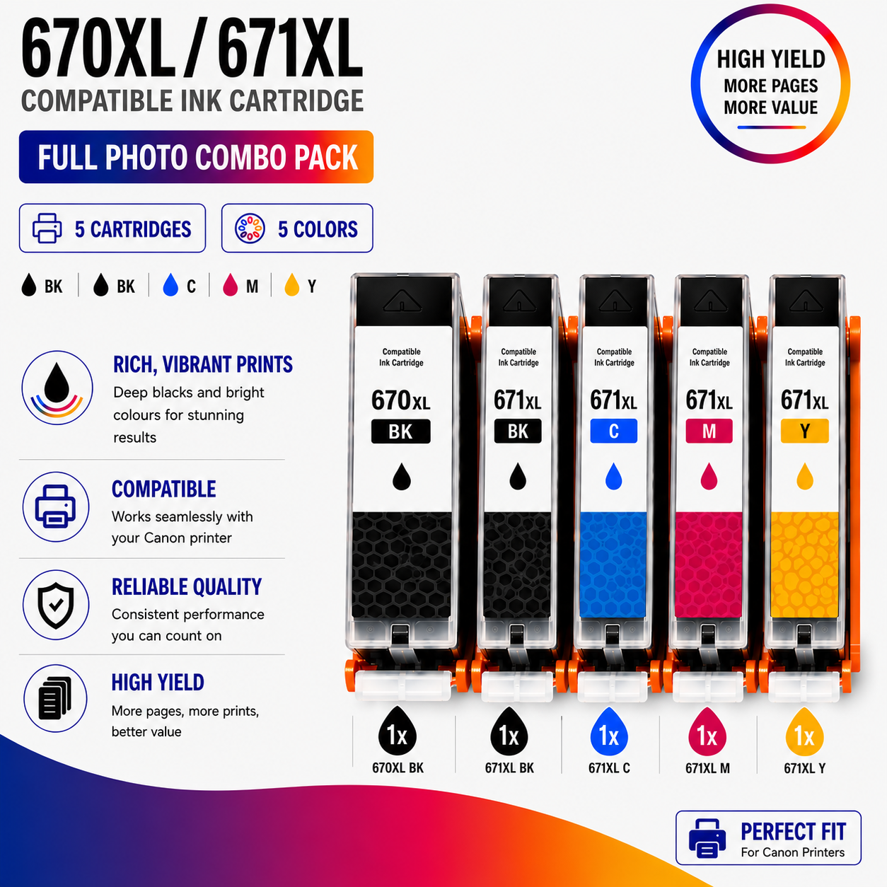 Canon PGI-670XL CLI-671XL Compatible High Yield Combo Pack Canon PGI-670XL CLI-671XL Compatible High Yield Combo Pack - Image 1
