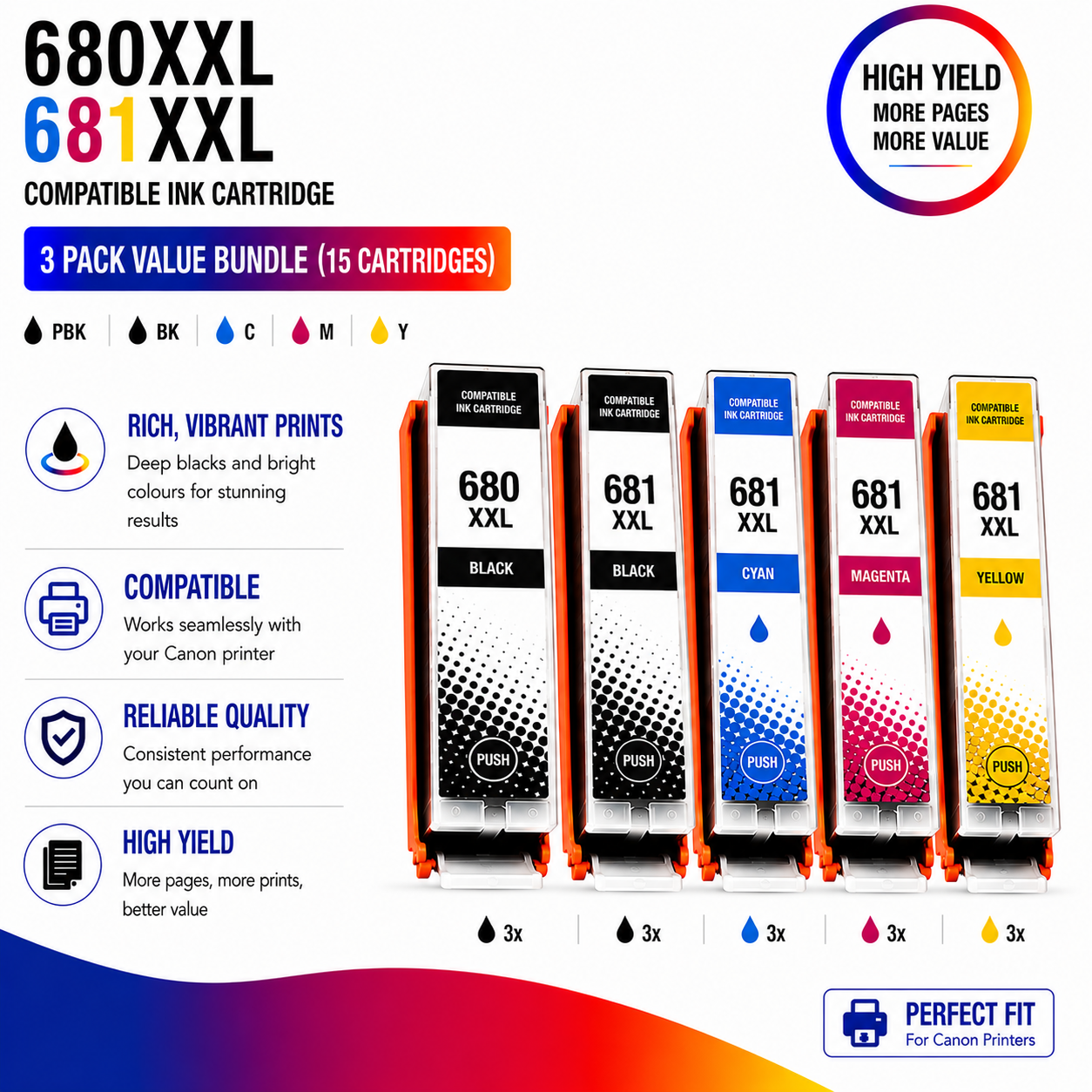 Canon PGI-680XXL CLI-681XXL Compatible High Yield Combo Pack – 3 Pack Value Bundle Canon PGI-680XXL CLI-681XXL Compatible High Yield Combo Pack – 3 Pack Value Bundle - Image 1