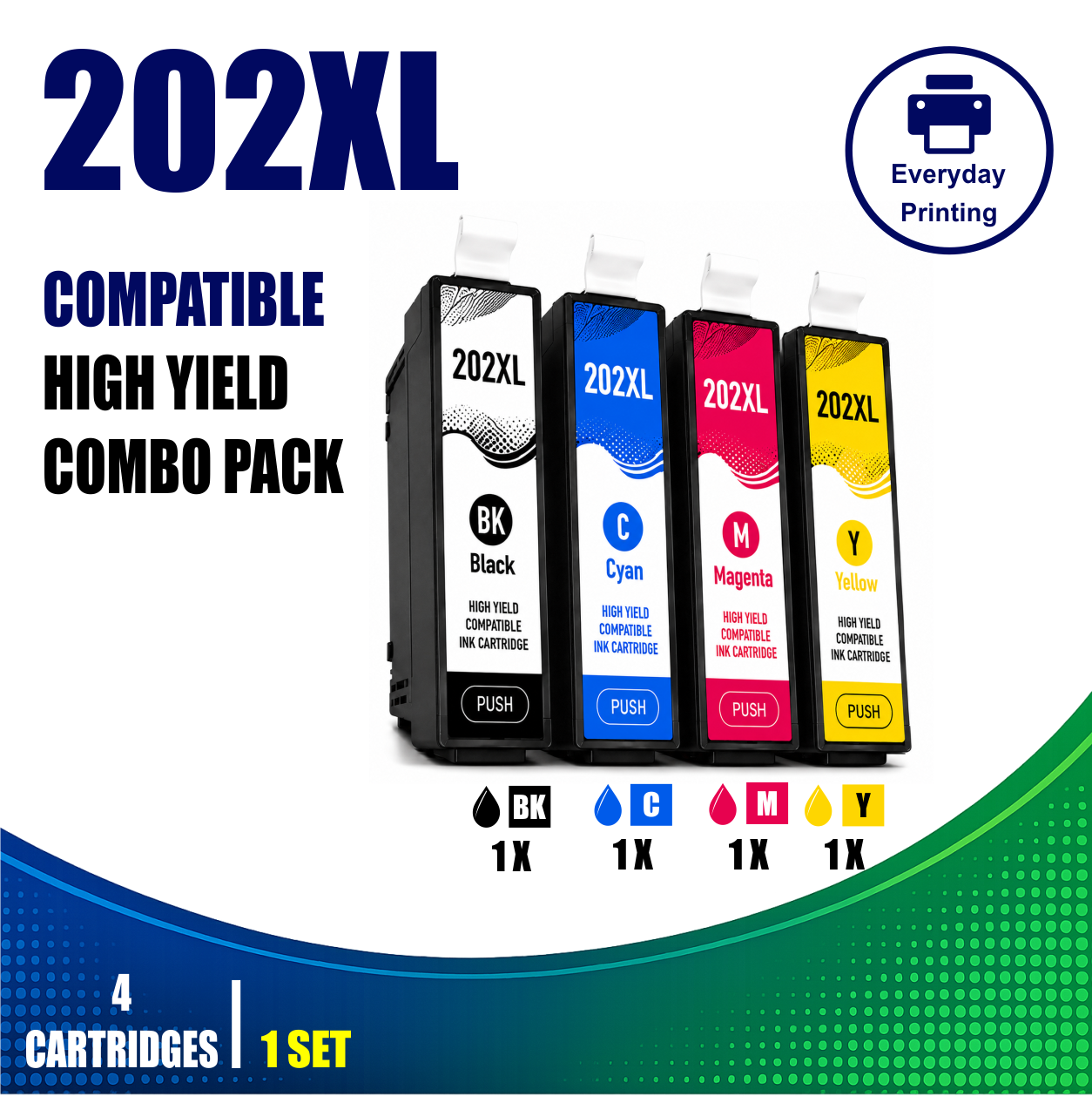 Epson 202XL Compatible Value Combo Pack (4 Cartridges) Epson 202XL Compatible Value Combo Pack containing 4 compatible ink cartridges with 1 Black, 1 Cyan, 1 Magenta and 1 Yellow cartridge for compatible Epson printers using the Epson 202XL cartridge series.