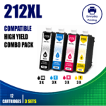 Epson 212XL Compatible Ink Cartridges – 4 Colours Value Pack – 3 Pack Value Bundle containing 12 compatible ink cartridges with 3 Black, 3 Cyan, 3 Magenta and 3 Yellow cartridges.