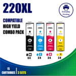 Epson 220XL Compatible Ink Cartridges – 5 Colours Value Pack – 3 Pack Value Bundle containing 15 compatible ink cartridges with 6 Black, 3 Cyan, 3 Magenta and 3 Yellow cartridges.