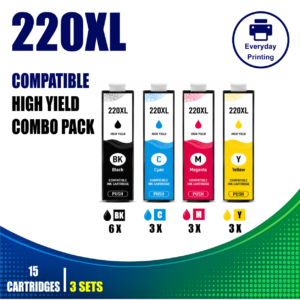 Epson 220XL Compatible Ink Cartridges – 5 Colours Value Pack – 3 Pack Value Bundle containing 15 compatible ink cartridges with 6 Black, 3 Cyan, 3 Magenta and 3 Yellow cartridges.