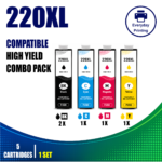 Epson 220XL Compatible Value Combo Pack containing 5 compatible ink cartridges with 2 Black, 1 Cyan, 1 Magenta and 1 Yellow cartridge.