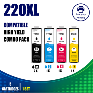 Epson 220XL Compatible Value Combo Pack containing 5 compatible ink cartridges with 2 Black, 1 Cyan, 1 Magenta and 1 Yellow cartridge.