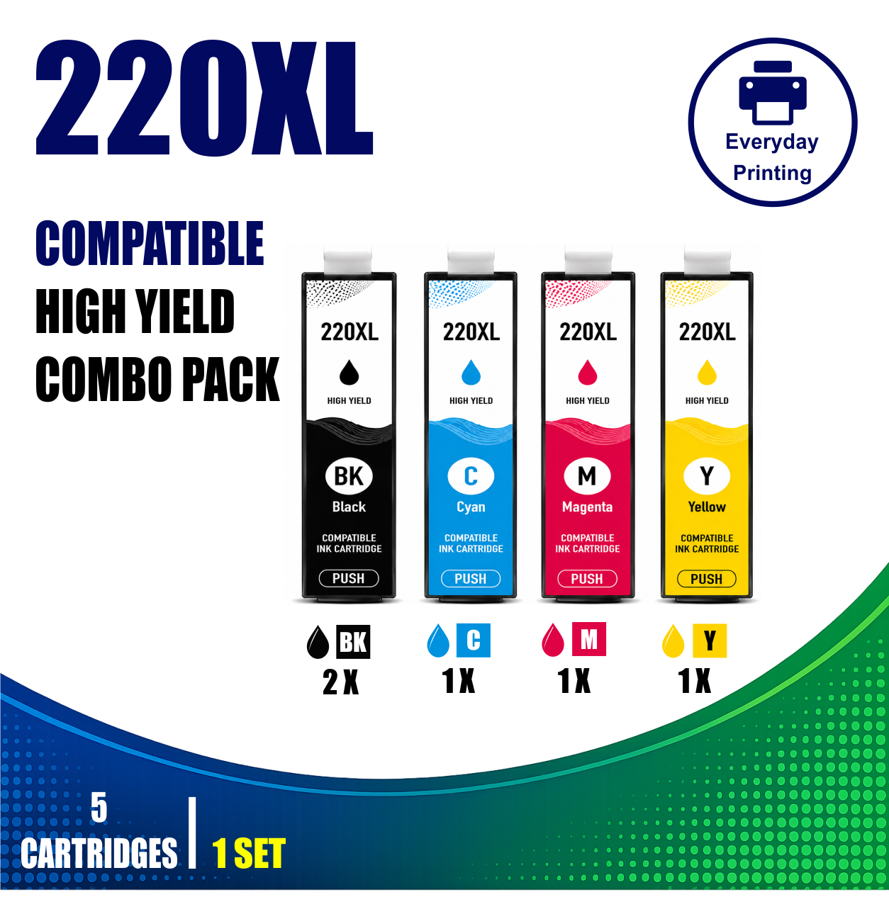 Epson 220XL Compatible Value Combo Pack (5 Cartridges) Epson 220XL Compatible Value Combo Pack containing 5 compatible ink cartridges with 2 Black, 1 Cyan, 1 Magenta and 1 Yellow cartridge.