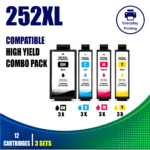 Epson 252XL Compatible Ink Cartridges – 4 Colours Value Pack – 3 Pack Value Bundle containing 12 compatible ink cartridges with 3 Black, 3 Cyan, 3 Magenta and 3 Yellow cartridges.