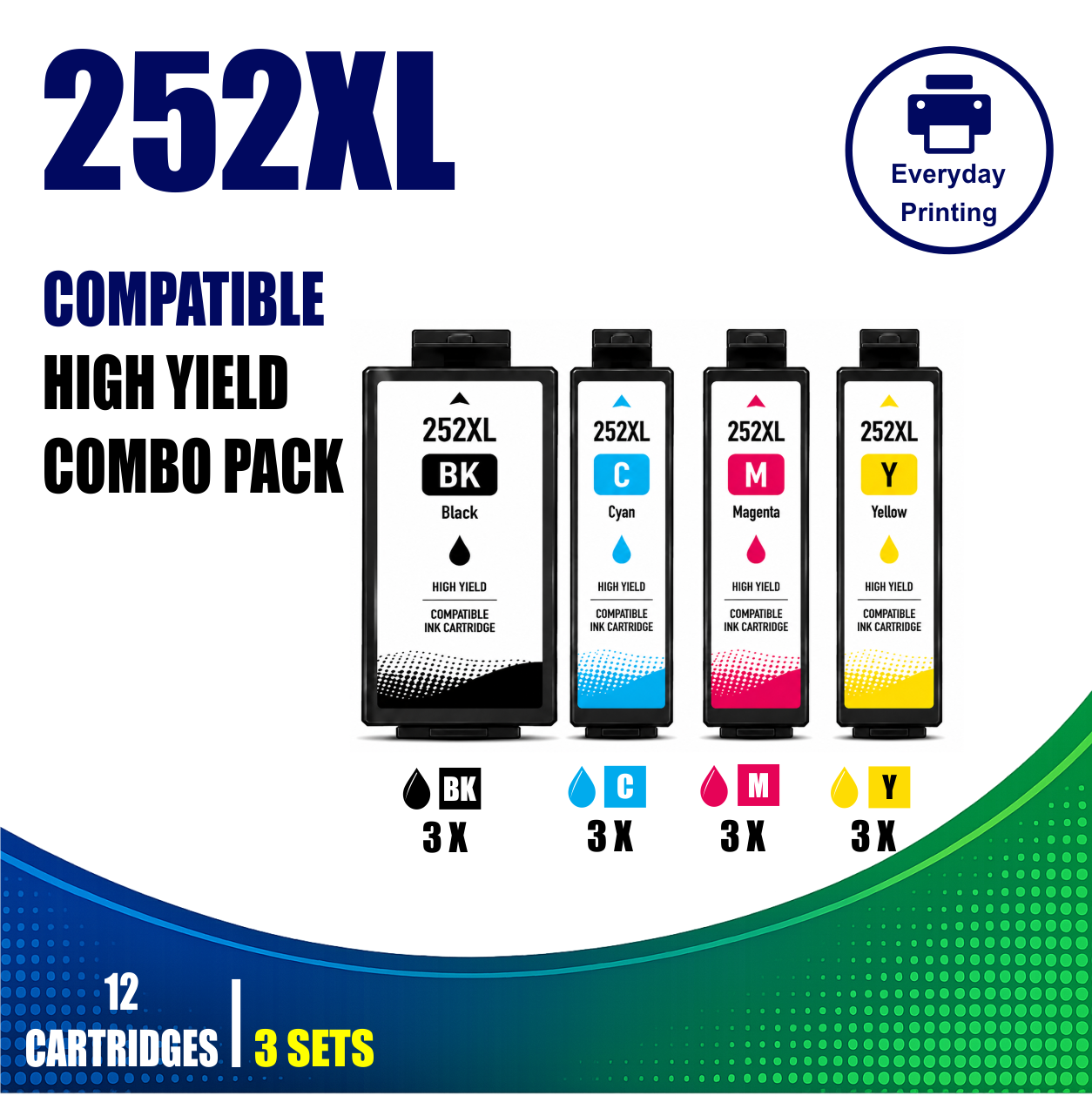 Epson 252XL Compatible Ink Cartridges – 4 Colours Value Pack – 3 Pack Value Bundle (12 Cartridges) Epson 252XL Compatible Ink Cartridges – 4 Colours Value Pack – 3 Pack Value Bundle containing 12 compatible ink cartridges with 3 Black, 3 Cyan, 3 Magenta and 3 Yellow cartridges.