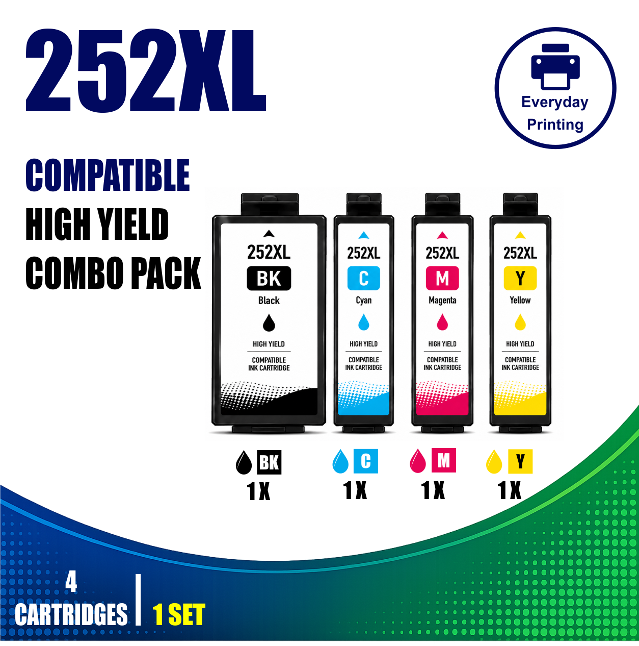 Epson 252XL Compatible Value Combo Pack (4 Cartridges) Epson 252XL Compatible Value Combo Pack containing 4 compatible ink cartridges with 1 Black, 1 Cyan, 1 Magenta and 1 Yellow cartridge.