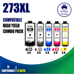 Epson 273XL Compatible Ink Cartridges – 5 Colours Value Pack – 3 Pack Value Bundle containing 15 compatible ink cartridges with 3 Black, 3 Photo Black, 3 Cyan, 3 Magenta and 3 Yellow cartridges.
