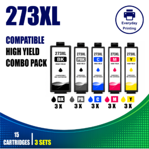 Epson 273XL Compatible Ink Cartridges – 5 Colours Value Pack – 3 Pack Value Bundle containing 15 compatible ink cartridges with 3 Black, 3 Photo Black, 3 Cyan, 3 Magenta and 3 Yellow cartridges.