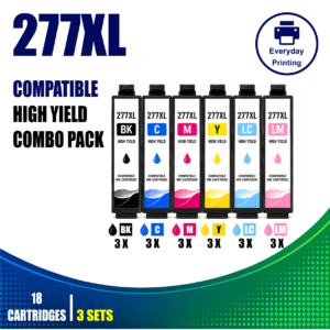 Epson 277XL Compatible Ink Cartridges – 6 Colours Value Pack – 3 Pack Value Bundle containing 18 compatible ink cartridges with 3 Black, 3 Cyan, 3 Magenta, 3 Yellow, 3 Light Cyan and 3 Light Magenta cartridges.