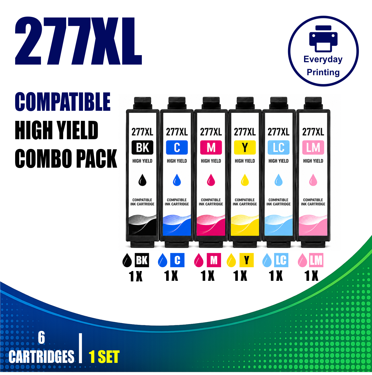 Epson 277XL Compatible Value Combo Pack (6 Cartridges) Epson 277XL Compatible Value Combo Pack containing 6 compatible ink cartridges with 1 Black, 1 Cyan, 1 Magenta, 1 Yellow, 1 Light Cyan and 1 Light Magenta cartridge.