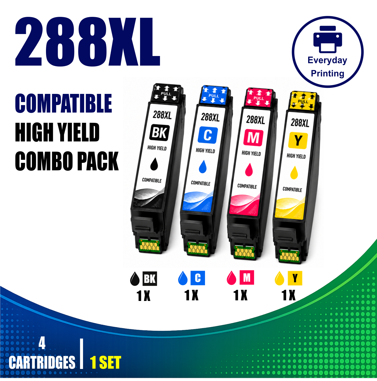 Epson 288XL Compatible Value Combo Pack (4 Cartridges) Epson 288XL Compatible Value Combo Pack containing 4 compatible ink cartridges with 1 Black, 1 Cyan, 1 Magenta and 1 Yellow cartridge.