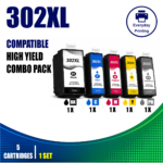 Epson 302XL Compatible Value Combo Pack containing 5 compatible ink cartridges with 1 Black, 1 Photo Black, 1 Cyan, 1 Magenta and 1 Yellow cartridge.