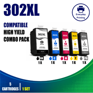Epson 302XL Compatible Value Combo Pack containing 5 compatible ink cartridges with 1 Black, 1 Photo Black, 1 Cyan, 1 Magenta and 1 Yellow cartridge.