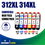 Epson 312XL 314XL Compatible Ink Cartridges – 6 Colours Value Pack – 3 Pack Value Bundle containing 18 compatible ink cartridges with 3 Black, 3 Cyan, 3 Magenta, 3 Yellow, 3 Red and 3 Grey cartridges.