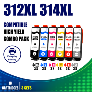 Epson 312XL 314XL Compatible Ink Cartridges – 6 Colours Value Pack – 3 Pack Value Bundle containing 18 compatible ink cartridges with 3 Black, 3 Cyan, 3 Magenta, 3 Yellow, 3 Red and 3 Grey cartridges.