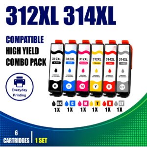 Epson 312XL 314XL Compatible Value Combo Pack containing 6 compatible ink cartridges with 1 Black, 1 Cyan, 1 Magenta, 1 Yellow, 1 Red and 1 Grey cartridge.
