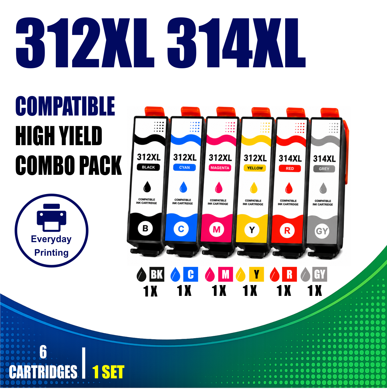 Epson 312XL 314XL Compatible Value Combo Pack (6 Cartridges) Epson 312XL 314XL Compatible Value Combo Pack containing 6 compatible ink cartridges with 1 Black, 1 Cyan, 1 Magenta, 1 Yellow, 1 Red and 1 Grey cartridge.