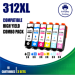 Epson 312XL Compatible Ink Cartridges – 6 Colours Value Pack – 3 Pack Value Bundle containing 18 compatible ink cartridges with 3 Black, 3 Cyan, 3 Magenta, 3 Yellow, 3 Light Cyan and 3 Light Magenta cartridges.