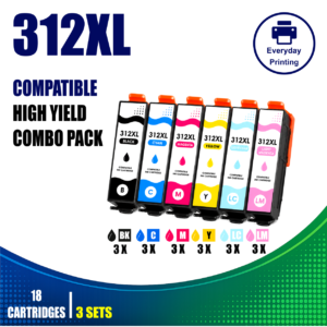 Epson 312XL Compatible Ink Cartridges – 6 Colours Value Pack – 3 Pack Value Bundle containing 18 compatible ink cartridges with 3 Black, 3 Cyan, 3 Magenta, 3 Yellow, 3 Light Cyan and 3 Light Magenta cartridges.