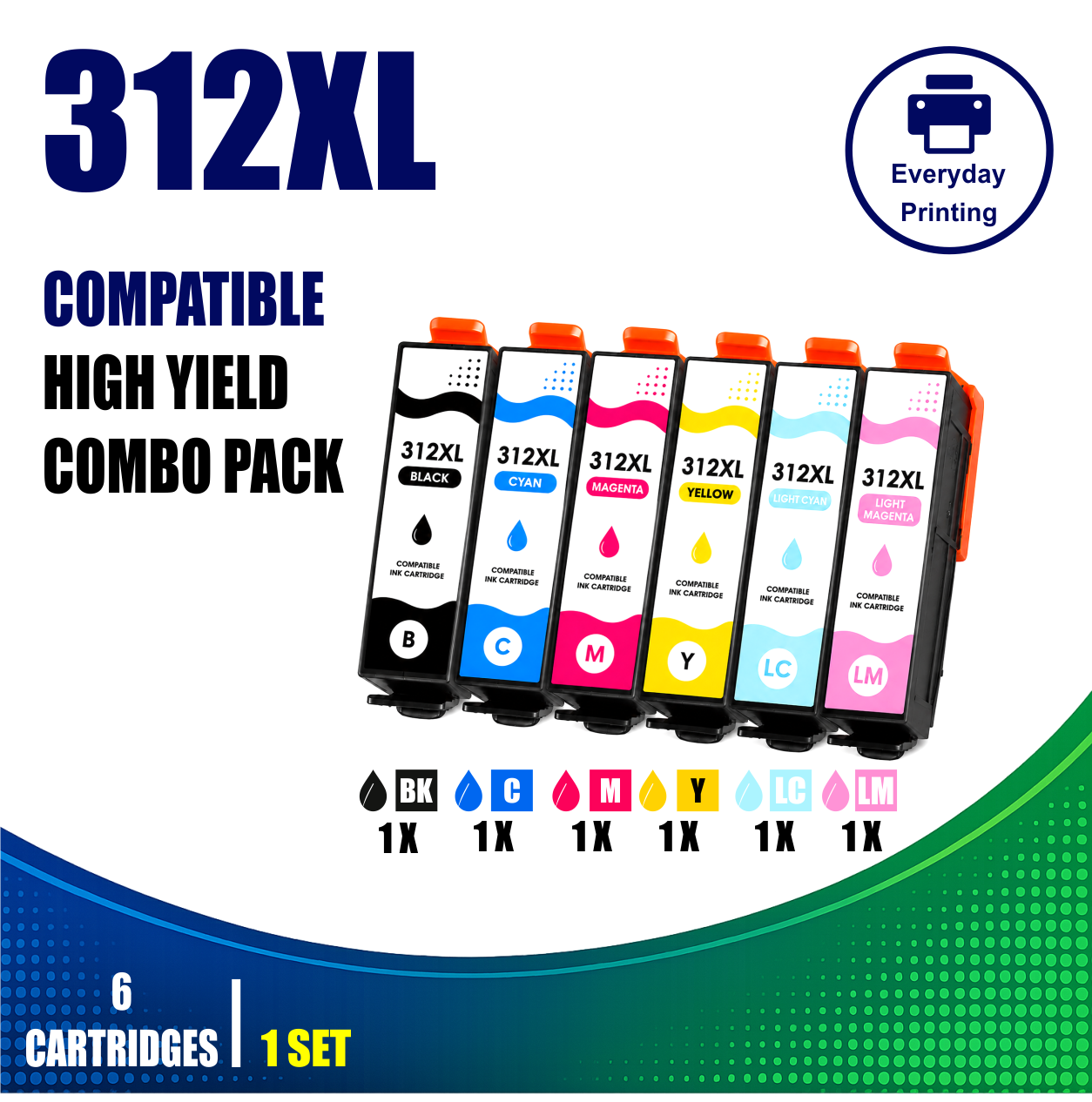 Epson 312XL Compatible Value Combo Pack (6 Cartridges) Epson 312XL Compatible Value Combo Pack containing 6 compatible ink cartridges with 1 Black, 1 Cyan, 1 Magenta, 1 Yellow, 1 Light Cyan and 1 Light Magenta cartridge.