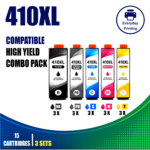Epson 410XL Compatible Ink Cartridges – 5 Colours Value Pack – 3 Pack Value Bundle containing 15 compatible ink cartridges with 3 Black, 3 Photo Black, 3 Cyan, 3 Magenta and 3 Yellow cartridges.