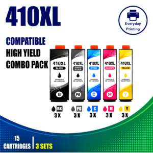 Epson 410XL Compatible Ink Cartridges – 5 Colours Value Pack – 3 Pack Value Bundle containing 15 compatible ink cartridges with 3 Black, 3 Photo Black, 3 Cyan, 3 Magenta and 3 Yellow cartridges.