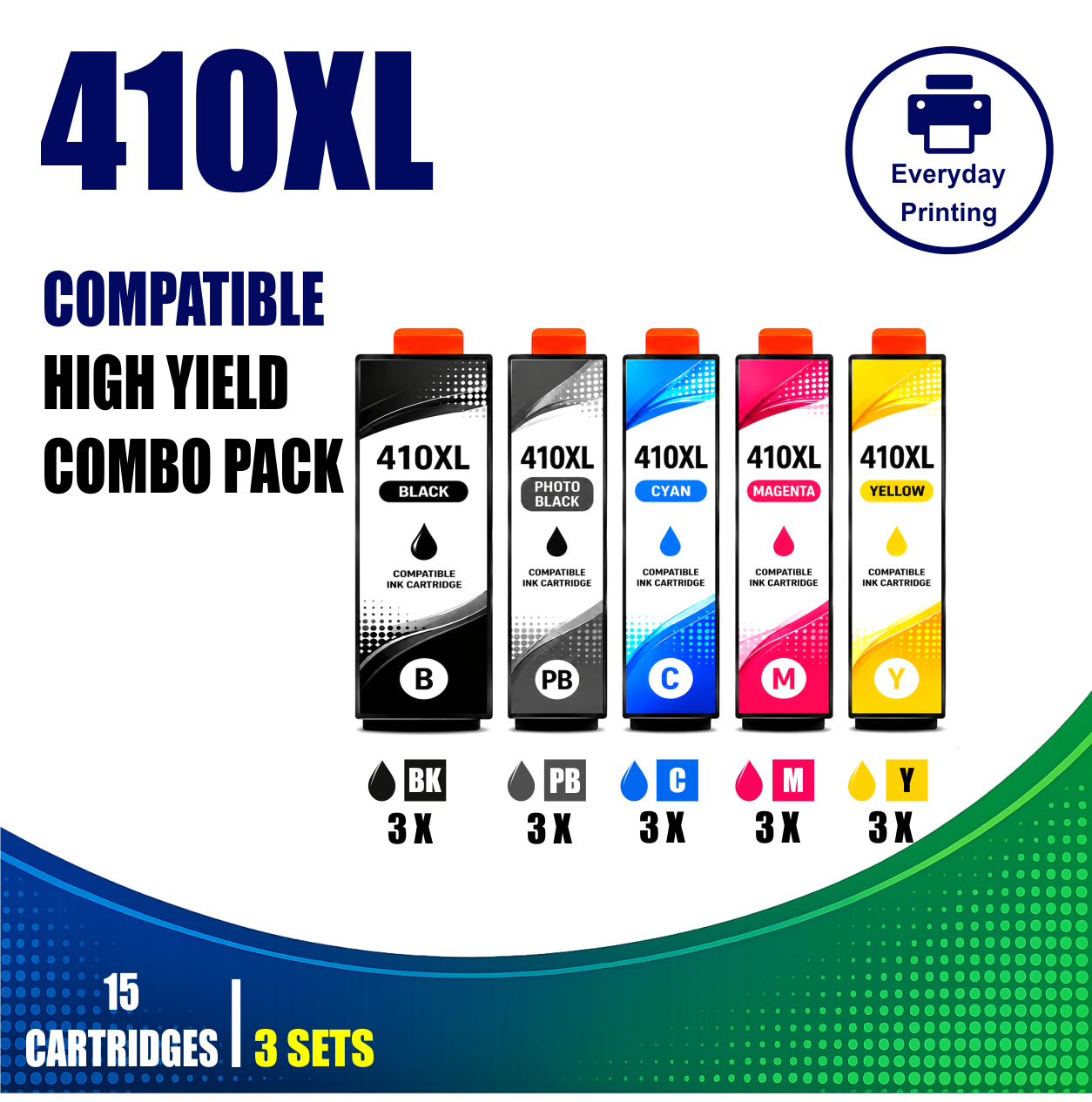 Epson 410XL Compatible Ink Cartridges – 5 Colours Value Pack – 3 Pack Value Bundle (15 Cartridges) Epson 410XL Compatible Ink Cartridges – 5 Colours Value Pack – 3 Pack Value Bundle containing 15 compatible ink cartridges with 3 Black, 3 Photo Black, 3 Cyan, 3 Magenta and 3 Yellow cartridges.