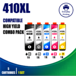 Epson 410XL Compatible Value Combo Pack containing 5 compatible ink cartridges with 1 Black, 1 Photo Black, 1 Cyan, 1 Magenta and 1 Yellow cartridge.