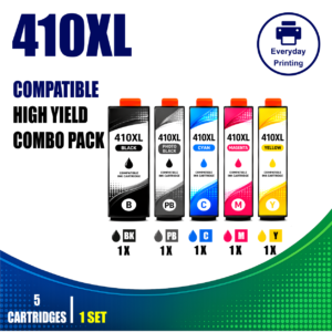 Epson 410XL Compatible Value Combo Pack containing 5 compatible ink cartridges with 1 Black, 1 Photo Black, 1 Cyan, 1 Magenta and 1 Yellow cartridge.