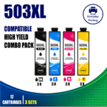 Epson 503XL Compatible Value Combo Pack – 3 Pack Value Bundle containing 12 compatible ink cartridges with 3 Black, 3 Cyan, 3 Magenta and 3 Yellow cartridges.