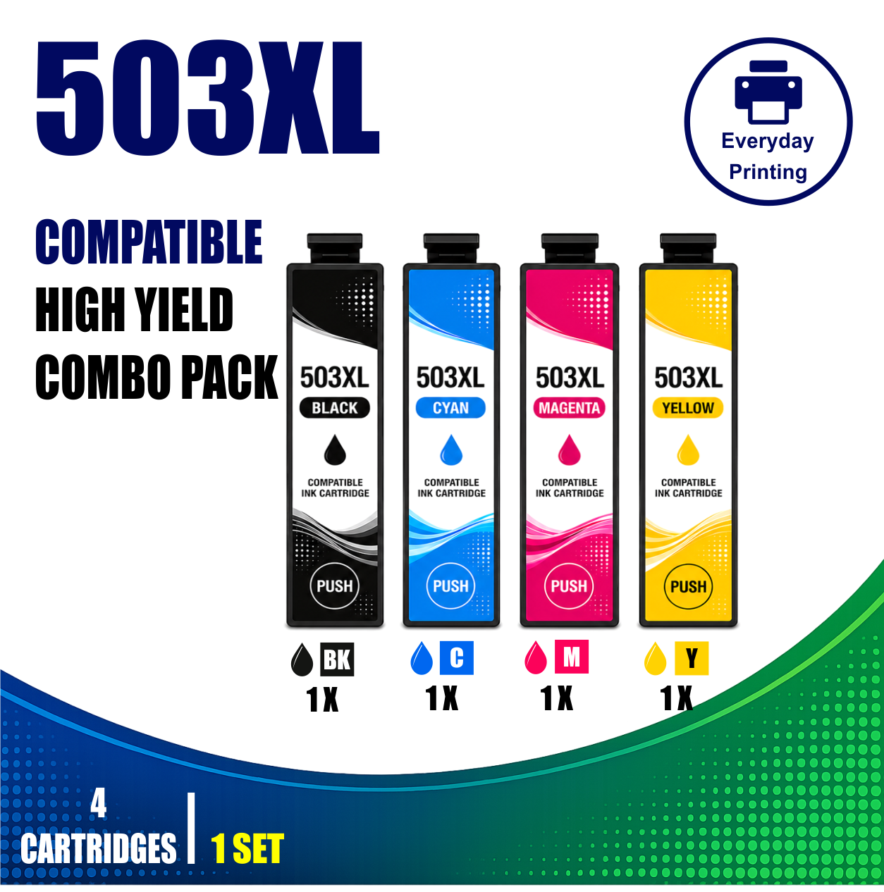 Epson 503XL Compatible Value Combo Pack (4 Cartridges) Epson 503XL Compatible Value Combo Pack containing 4 compatible ink cartridges with 1 Black, 1 Cyan, 1 Magenta and 1 Yellow cartridge.