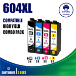Epson 604XL Compatible Value Combo Pack – 3 Pack Value Bundle containing 12 compatible ink cartridges with 3 Black, 3 Cyan, 3 Magenta and 3 Yellow cartridges.