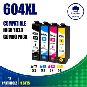 Epson 604XL Compatible Value Combo Pack – 3 Pack Value Bundle containing 12 compatible ink cartridges with 3 Black, 3 Cyan, 3 Magenta and 3 Yellow cartridges.