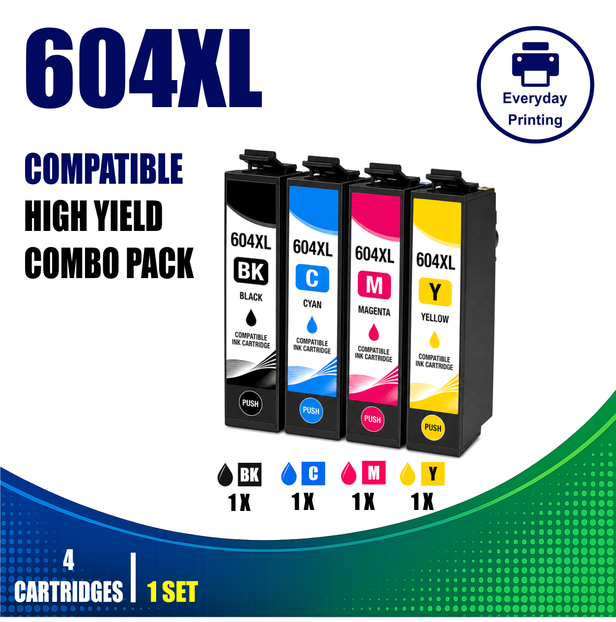 Epson 604XL Compatible Value Combo Pack (4 Cartridges) Epson 604XL Compatible Value Combo Pack containing 4 compatible ink cartridges with 1 Black, 1 Cyan, 1 Magenta and 1 Yellow cartridge.