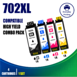 Epson 702XL Compatible Value Combo Pack containing 4 compatible ink cartridges with 1 Black, 1 Cyan, 1 Magenta and 1 Yellow cartridge.