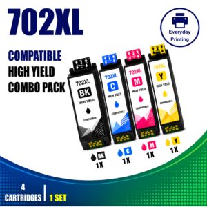 Epson 702XL Compatible Value Combo Pack containing 4 compatible ink cartridges with 1 Black, 1 Cyan, 1 Magenta and 1 Yellow cartridge.