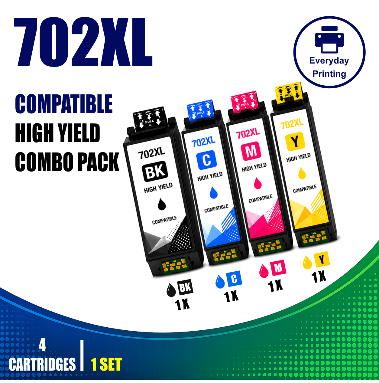 Epson 702XL Compatible Value Combo Pack (4 Cartridges) Epson 702XL Compatible Value Combo Pack containing 4 compatible ink cartridges with 1 Black, 1 Cyan, 1 Magenta and 1 Yellow cartridge.