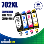 Epson 702XL Compatible Value Combo Pack – 3 Pack Value Bundle containing 12 compatible ink cartridges with 3 Black, 3 Cyan, 3 Magenta and 3 Yellow cartridges.