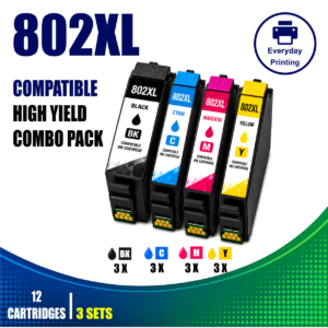 Epson 802XL Compatible Value Combo Pack – 3 Pack Value Bundle containing 12 compatible ink cartridges with 3 Black, 3 Cyan, 3 Magenta and 3 Yellow cartridges.
