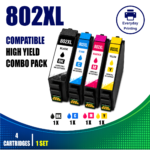 Epson 802XL Compatible Value Combo Pack containing 4 compatible ink cartridges with 1 Black, 1 Cyan, 1 Magenta and 1 Yellow cartridge.