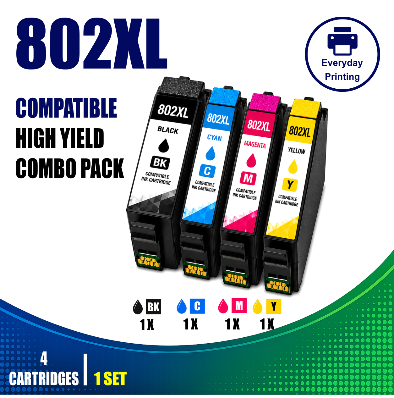 Epson 802XL Compatible Value Combo Pack (4 Cartridges) Epson 802XL Compatible Value Combo Pack containing 4 compatible ink cartridges with 1 Black, 1 Cyan, 1 Magenta and 1 Yellow cartridge.
