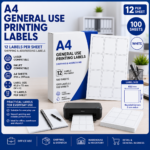 A4 general use printing labels with 12 labels per sheet, white labels sized 63.5 x 72 mm, suitable for laser and inkjet printers, Office Today Sunbury.