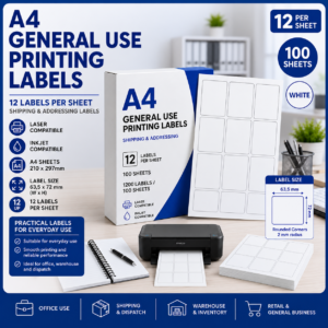 A4 general use printing labels with 12 labels per sheet, white labels sized 63.5 x 72 mm, suitable for laser and inkjet printers, Office Today Sunbury.