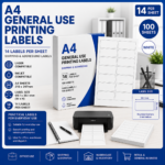 A4 general use printing labels with 14 labels per sheet, white labels sized 99.1 x 38.1 mm, suitable for laser and inkjet printers, Office Today Sunbury.