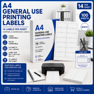 A4 general use printing labels with 14 labels per sheet, white labels sized 99.1 x 38.1 mm, suitable for laser and inkjet printers, Office Today Sunbury.