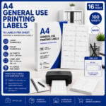 A4 general use printing labels with 16 labels per sheet, white labels sized 99.1 x 34 mm, suitable for laser and inkjet printers, Office Today Sunbury.