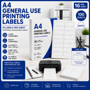 A4 general use printing labels with 16 labels per sheet, white labels sized 99.1 x 34 mm, suitable for laser and inkjet printers, Office Today Sunbury.