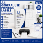A4 general use printing labels with 18 labels per sheet, white labels sized 63.5 x 46.6 mm, suitable for laser and inkjet printers, Office Today Sunbury.